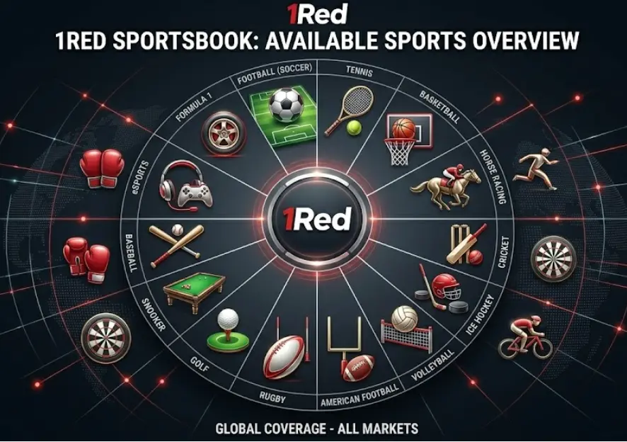 Circular infographic of sports icons for 1Red Sportsbook to show available betting markets.