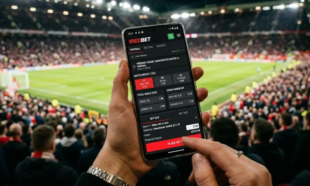 Someone at a live soccer match holding a phone with 1REDBET, about to place an in-play bet.