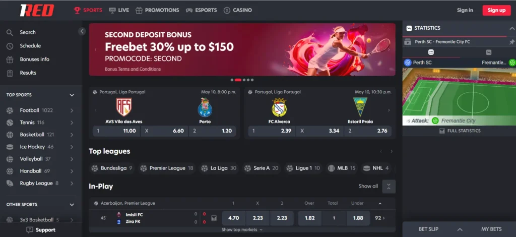 1Red sportsbook dashboard with live betting markets and bonuses for wagering.