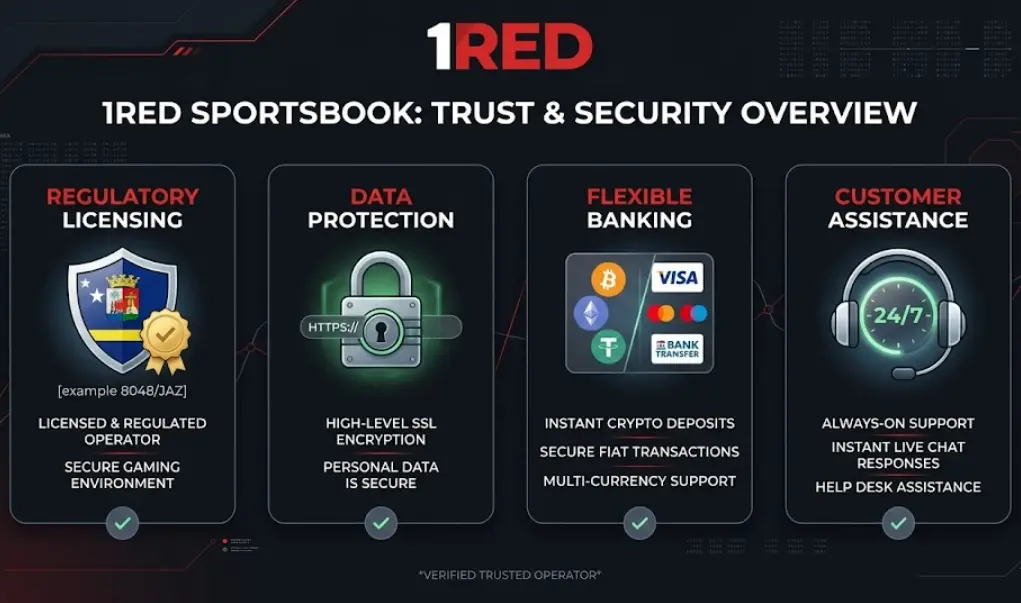 1Red Sportsbook security features infographic showing license, SSL, banking, and support details.