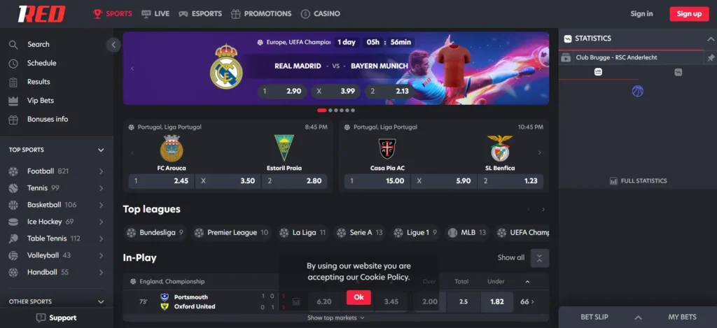 Interface of the sports betting section on 1Red for match odds and live tracking.