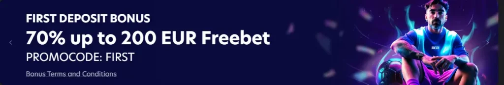 Banner for 1Red Bet first deposit bonus 70% up to 200 EUR with promocode FIRST.
