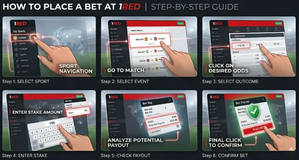 Six-panel visual guide illustrating the step-by-step process of placing a bet on the 1Red sportsbook. It shows selecting sports, events, and odds, followed by stake entry and final confirmation.