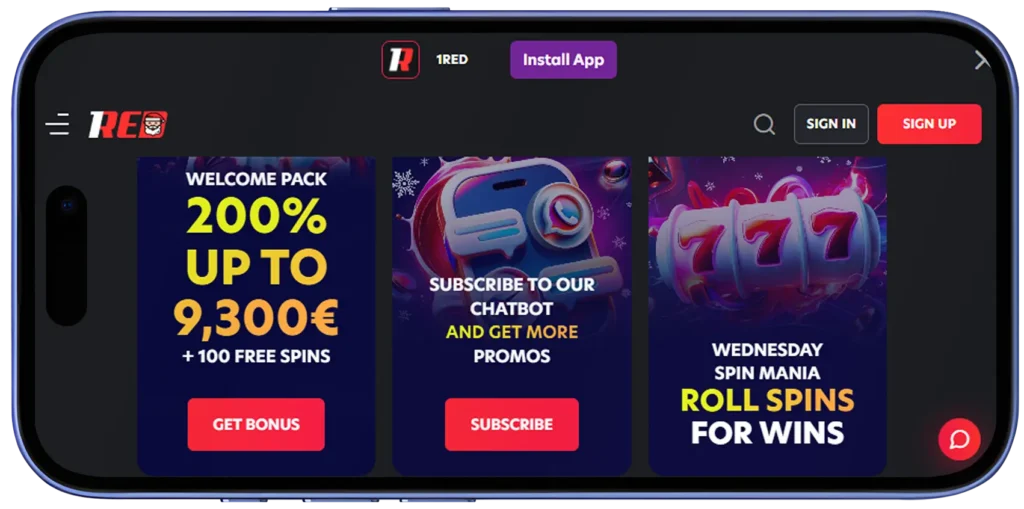 1Red Casino Mobile Website Layout